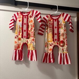 Vintage Christmas theme ruffled, bell bottom baby girl romper 0–3, 3–6 months